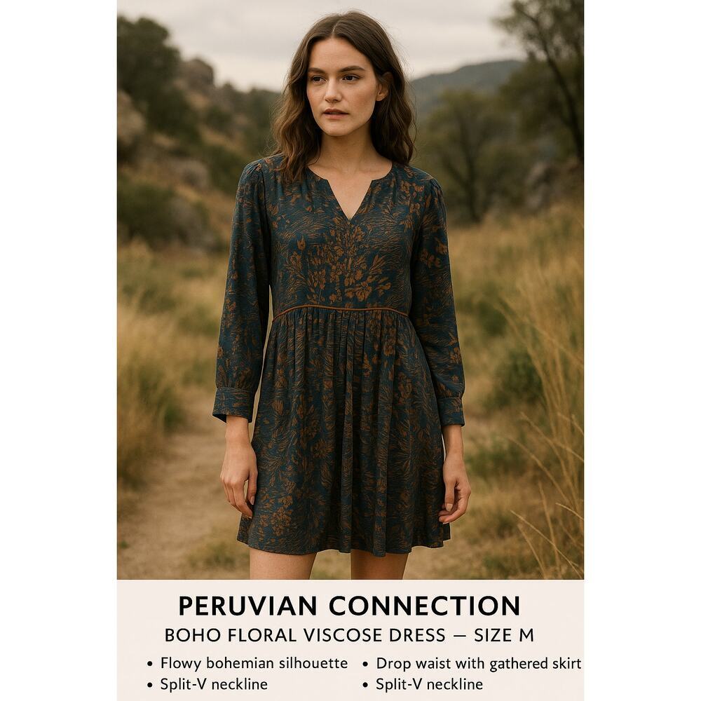 Peruvian Connection Saffron and Teal Boho Floral Viscose Dress — Size M